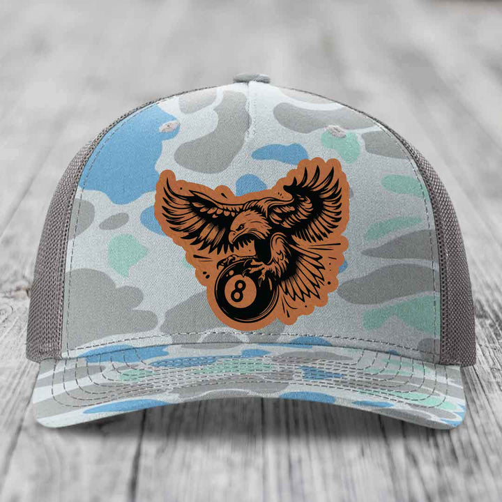 Eagle 8 Ball - Leather Patch Hat - Rawhide to Black Patch - Richardson 112PFP Snapback Trucker Hat