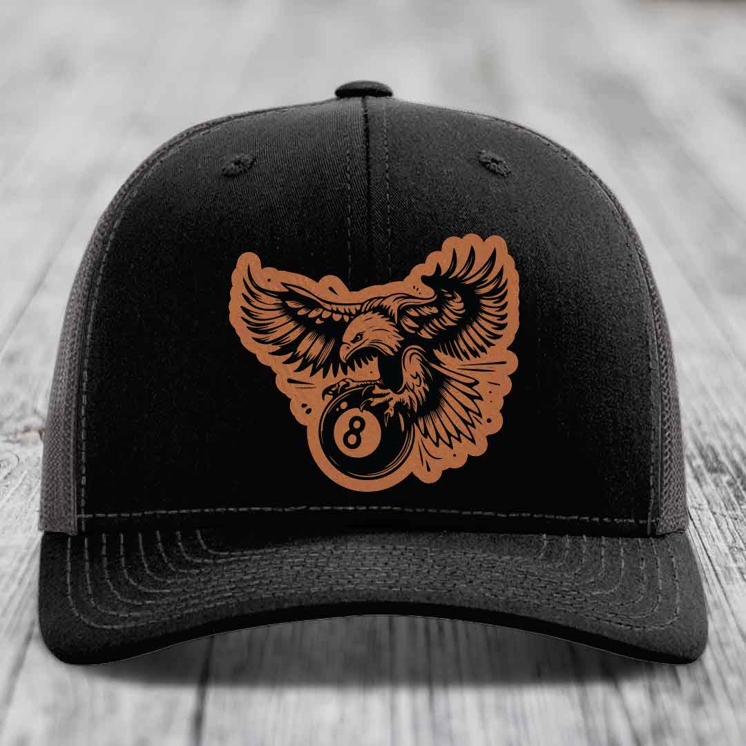Eagle 8 Ball - Leather Patch Hat - Rawhide to Black Patch - Richardson 112 Snapback Trucker Hat