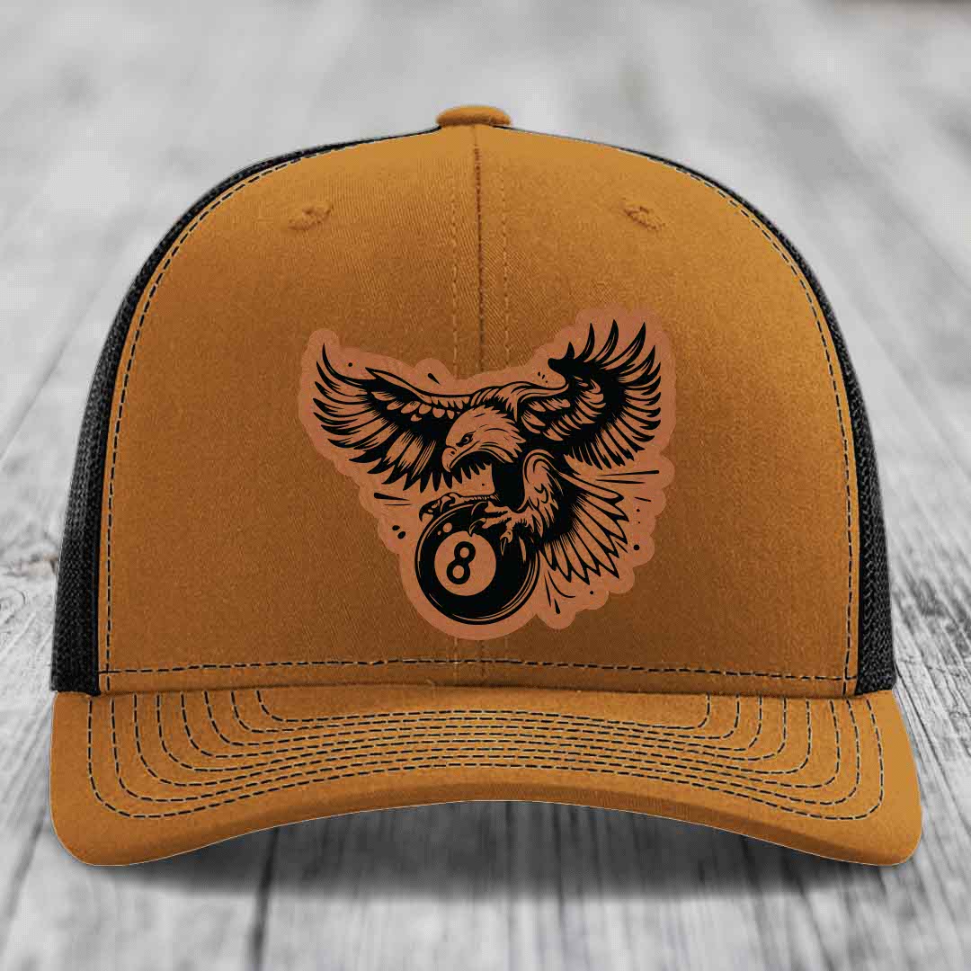Eagle 8 Ball - Leather Patch Hat - Rawhide to Black Patch - Richardson 112 Snapback Trucker Hat
