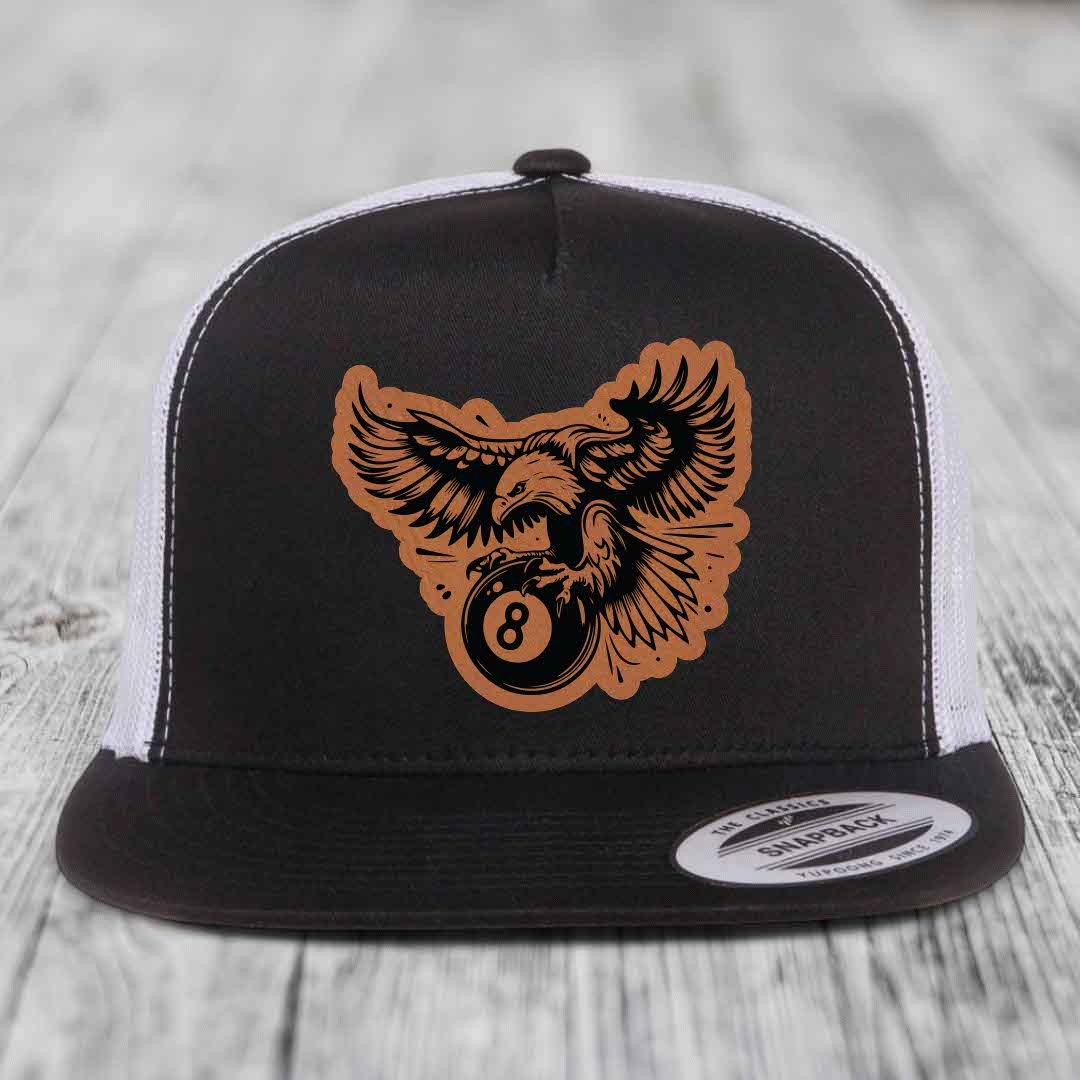Eagle 8 Ball - Leather Patch Hat - Rawhide to Black Patch - Yupoong 6006 Snapback Flatbill Hat