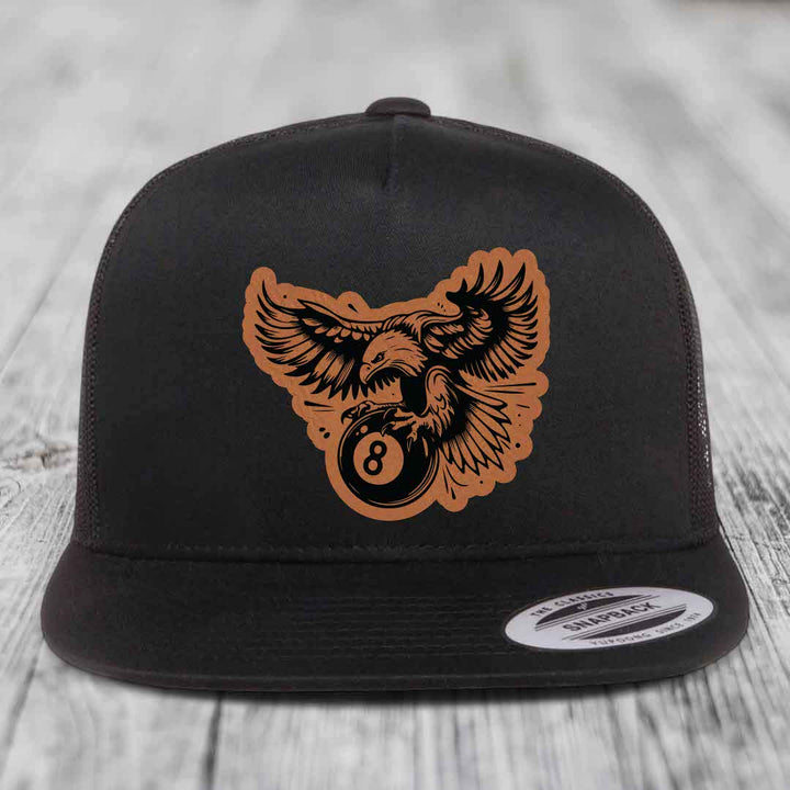 Eagle 8 Ball - Leather Patch Hat - Rawhide to Black Patch - Yupoong 6006 Snapback Flatbill Hat
