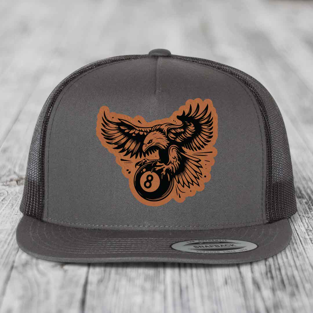 Eagle 8 Ball - Leather Patch Hat - Rawhide to Black Patch - Yupoong 6006 Snapback Flatbill Hat