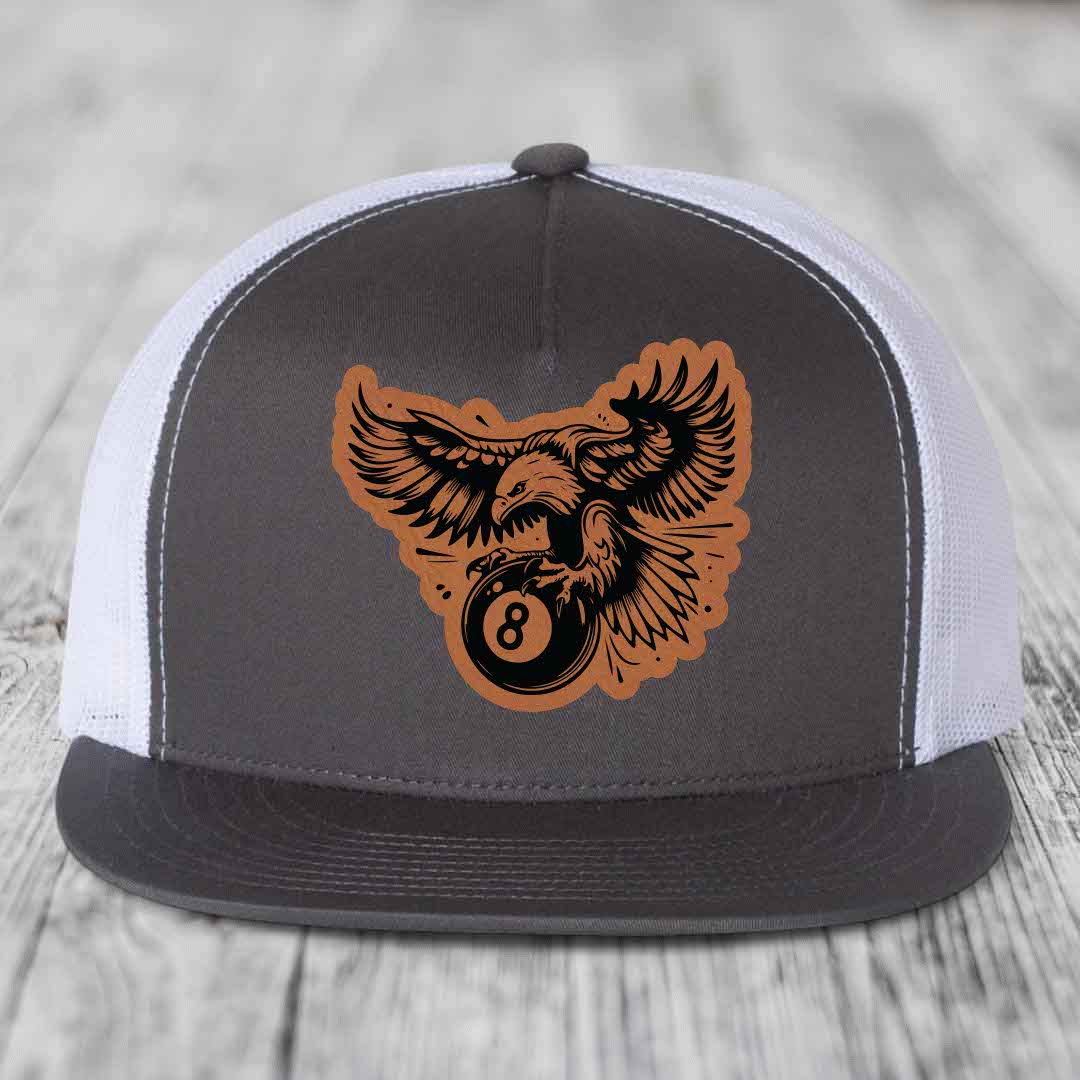 Eagle 8 Ball - Leather Patch Hat - Rawhide to Black Patch - Yupoong 6006 Snapback Flatbill Hat