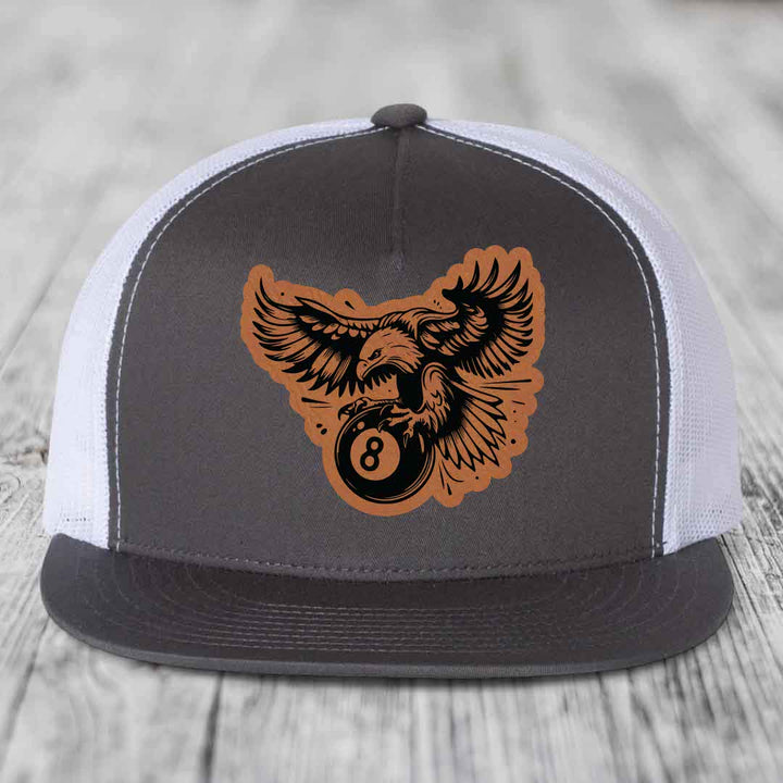 Eagle 8 Ball - Leather Patch Hat - Rawhide to Black Patch - Yupoong 6006 Snapback Flatbill Hat