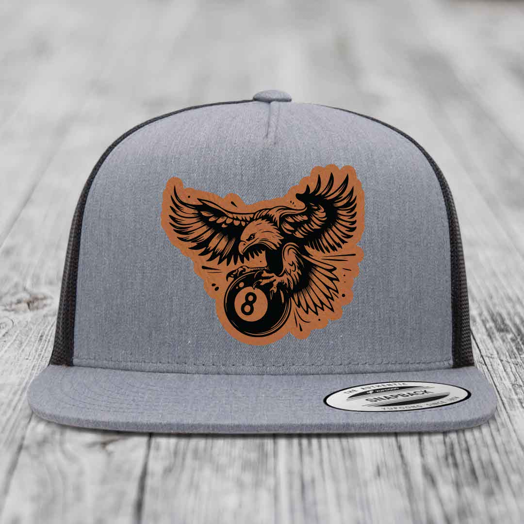 Eagle 8 Ball - Leather Patch Hat - Rawhide to Black Patch - Yupoong 6006 Snapback Flatbill Hat