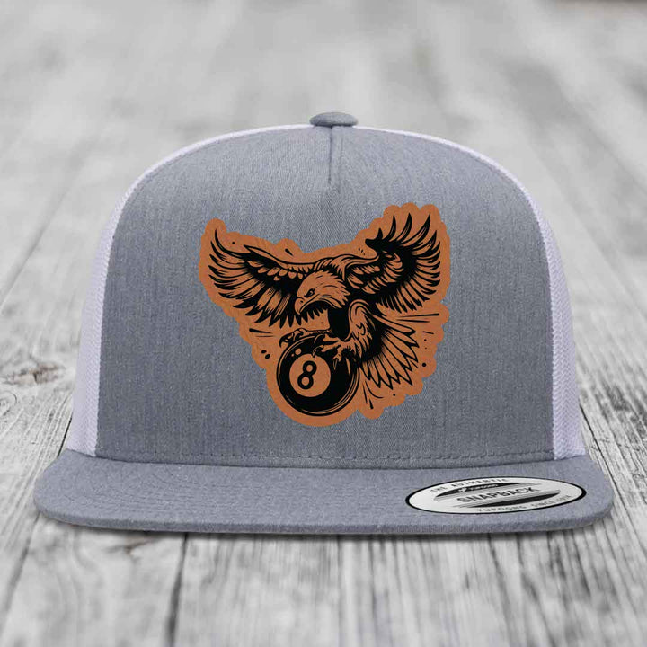 Eagle 8 Ball - Leather Patch Hat - Rawhide to Black Patch - Yupoong 6006 Snapback Flatbill Hat
