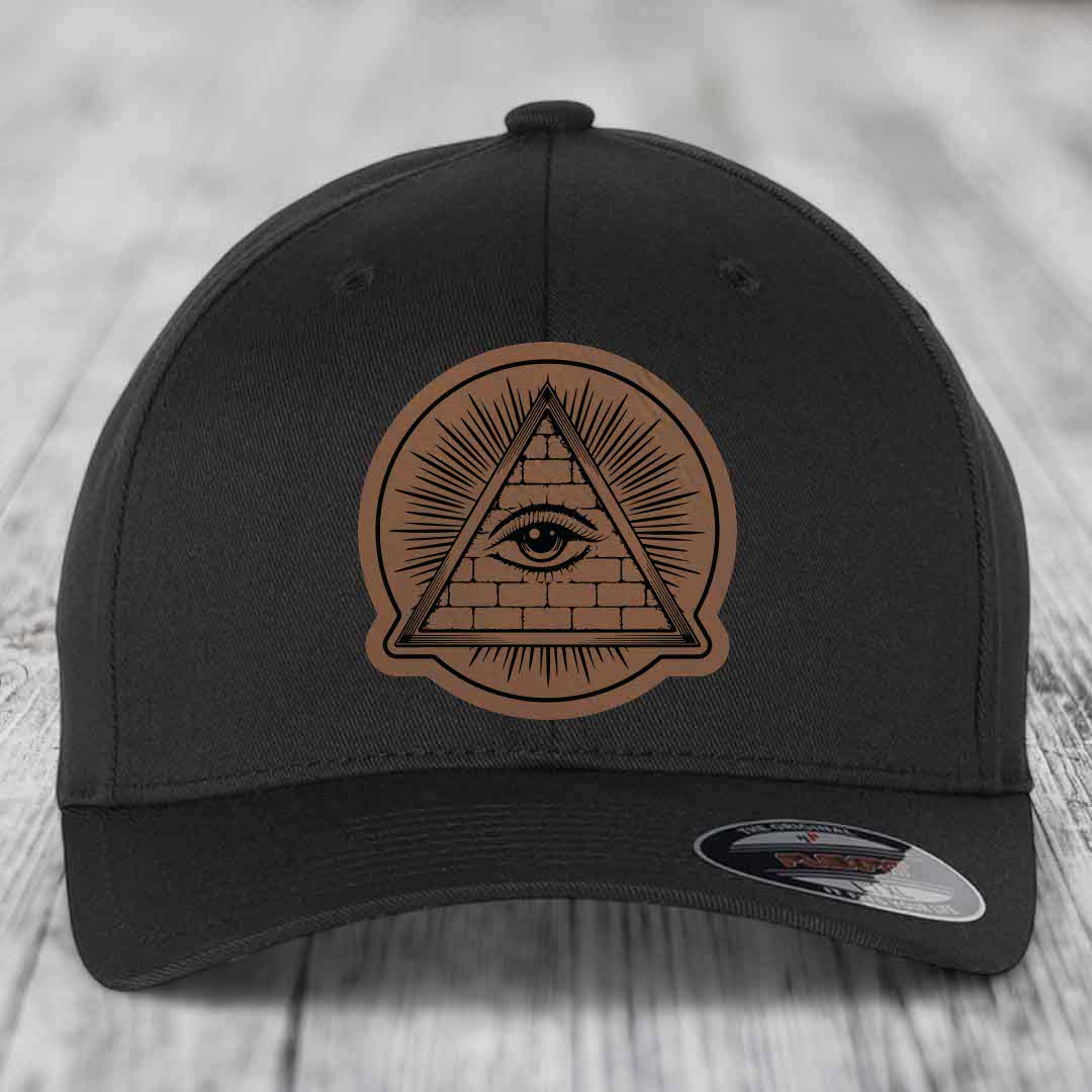 Eye of the Illuminati - Leather Patch Hat - Dark Brown to Black Patch - Flexfit 6277 Fitted Hat