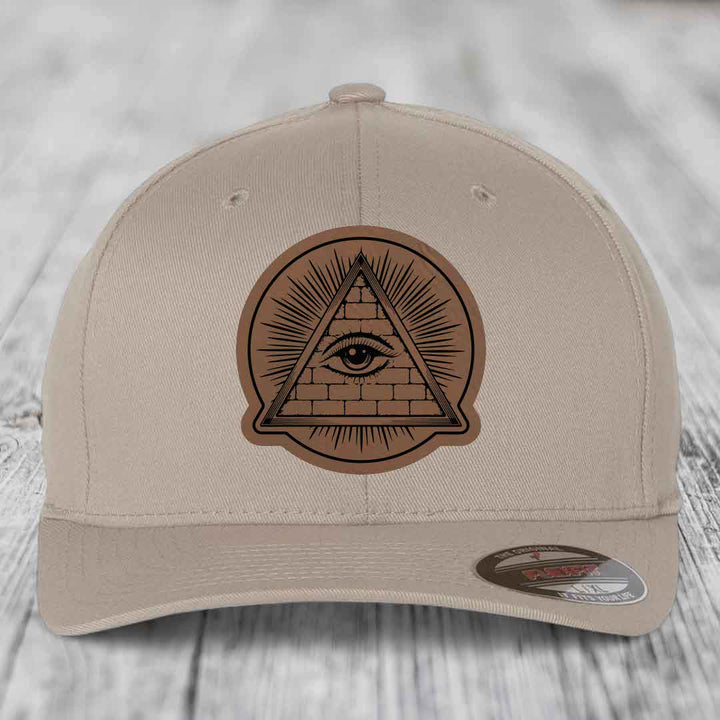 Eye of the Illuminati - Leather Patch Hat - Dark Brown to Black Patch - Flexfit 6277 Fitted Hat