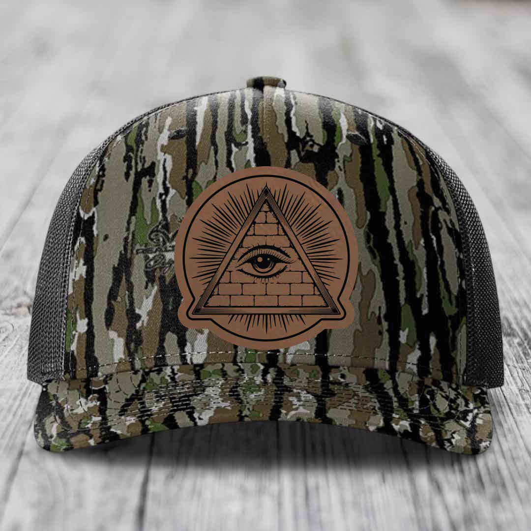 Eye of the Illuminati - Leather Patch Hat - Dark Brown to Black Patch - Richardson 112PFP Snapback Trucker Hat