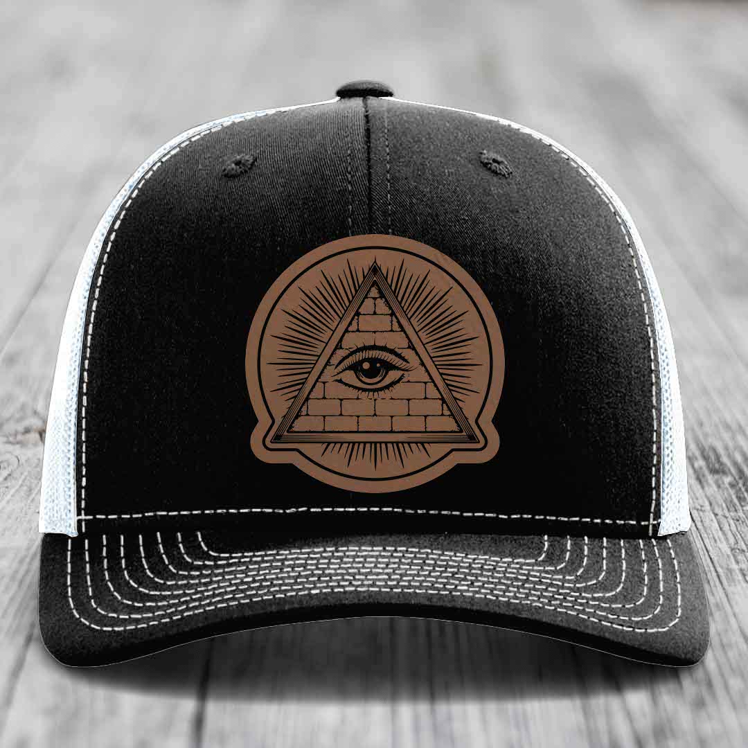 Eye of the Illuminati - Leather Patch Hat - Dark Brown to Black Patch - Richardson 112 Snapback Trucker Hat