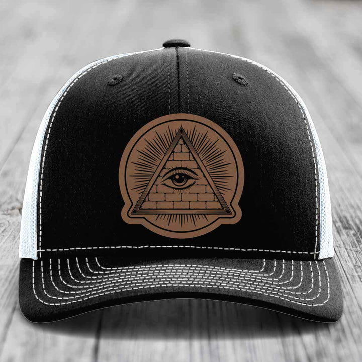 Eye of the Illuminati - Leather Patch Hat - Dark Brown to Black Patch - Richardson 112 Snapback Trucker Hat