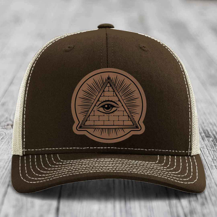 Eye of the Illuminati - Leather Patch Hat - Dark Brown to Black Patch - Richardson 112 Snapback Trucker Hat