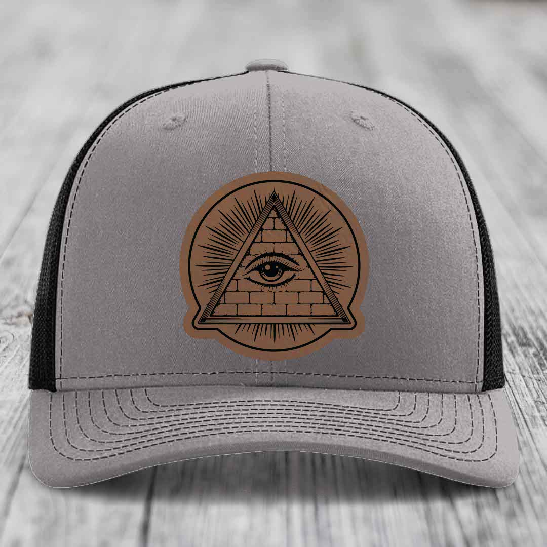 Eye of the Illuminati - Leather Patch Hat - Dark Brown to Black Patch - Richardson 112 Snapback Trucker Hat