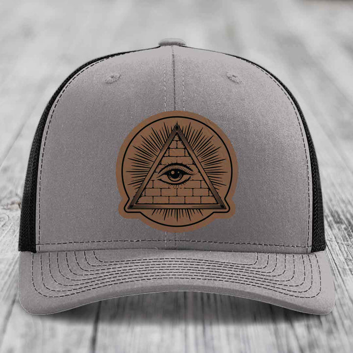 Eye of the Illuminati - Leather Patch Hat - Dark Brown to Black Patch - Richardson 112 Snapback Trucker Hat
