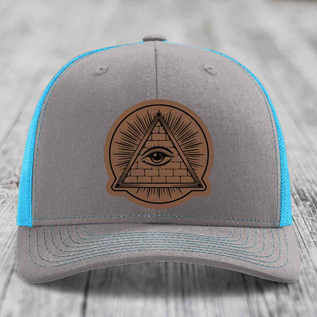 Eye of the Illuminati - Leather Patch Hat - Dark Brown to Black Patch - Richardson 112 Snapback Trucker Hat