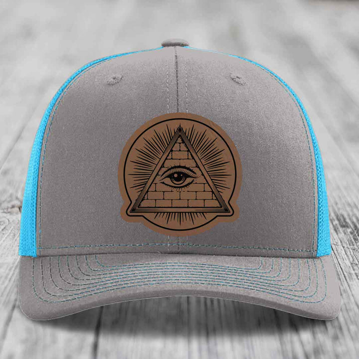 Eye of the Illuminati - Leather Patch Hat - Dark Brown to Black Patch - Richardson 112 Snapback Trucker Hat