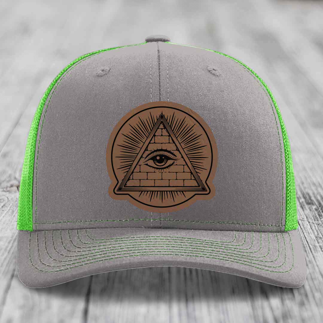 Eye of the Illuminati - Leather Patch Hat - Dark Brown to Black Patch - Richardson 112 Snapback Trucker Hat