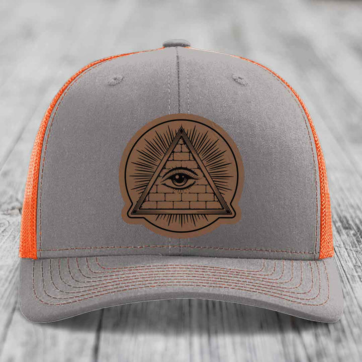 Eye of the Illuminati - Leather Patch Hat - Dark Brown to Black Patch - Richardson 112 Snapback Trucker Hat