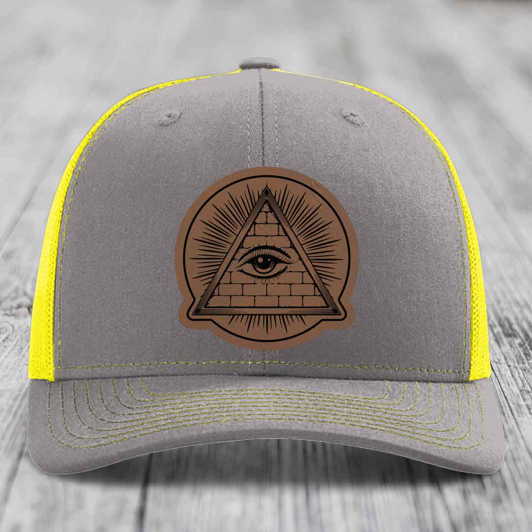 Eye of the Illuminati - Leather Patch Hat - Dark Brown to Black Patch - Richardson 112 Snapback Trucker Hat