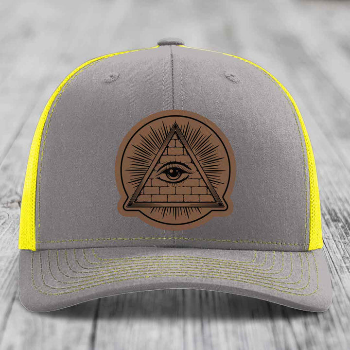 Eye of the Illuminati - Leather Patch Hat - Dark Brown to Black Patch - Richardson 112 Snapback Trucker Hat
