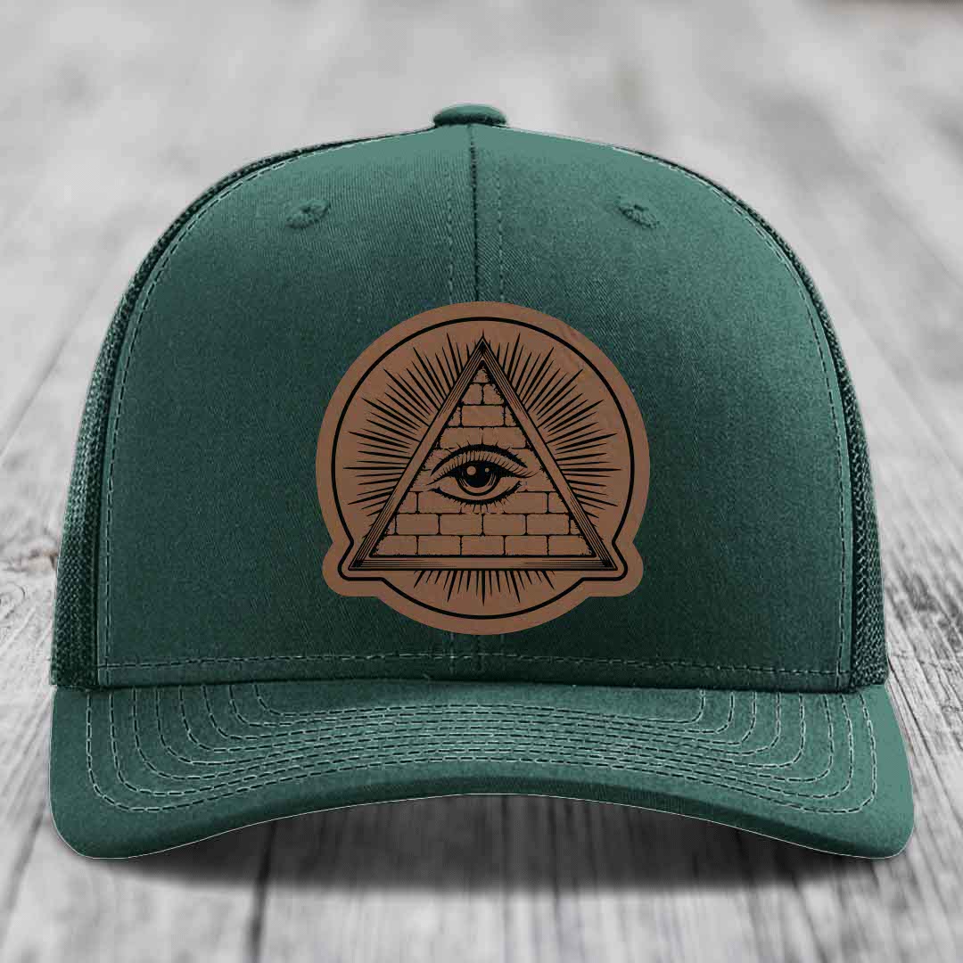 Eye of the Illuminati - Leather Patch Hat - Dark Brown to Black Patch - Richardson 112 Snapback Trucker Hat