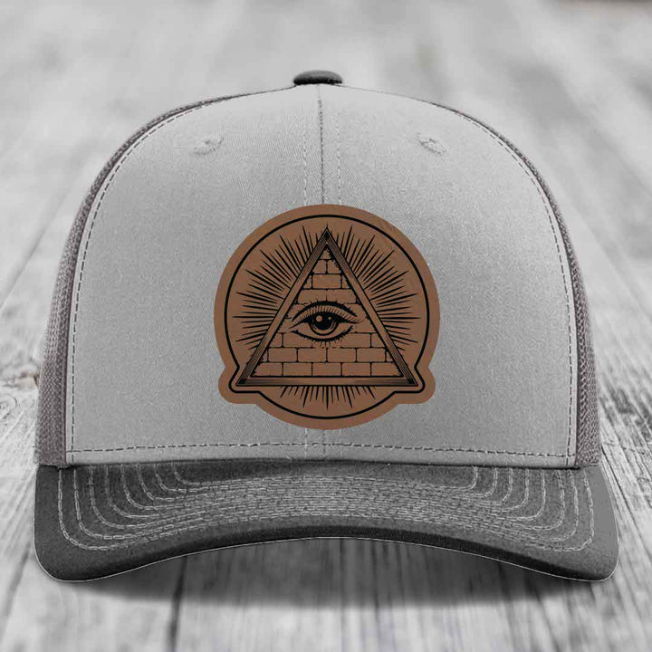 Eye of the Illuminati - Leather Patch Hat - Dark Brown to Black Patch - Richardson 112 Snapback Trucker Hat