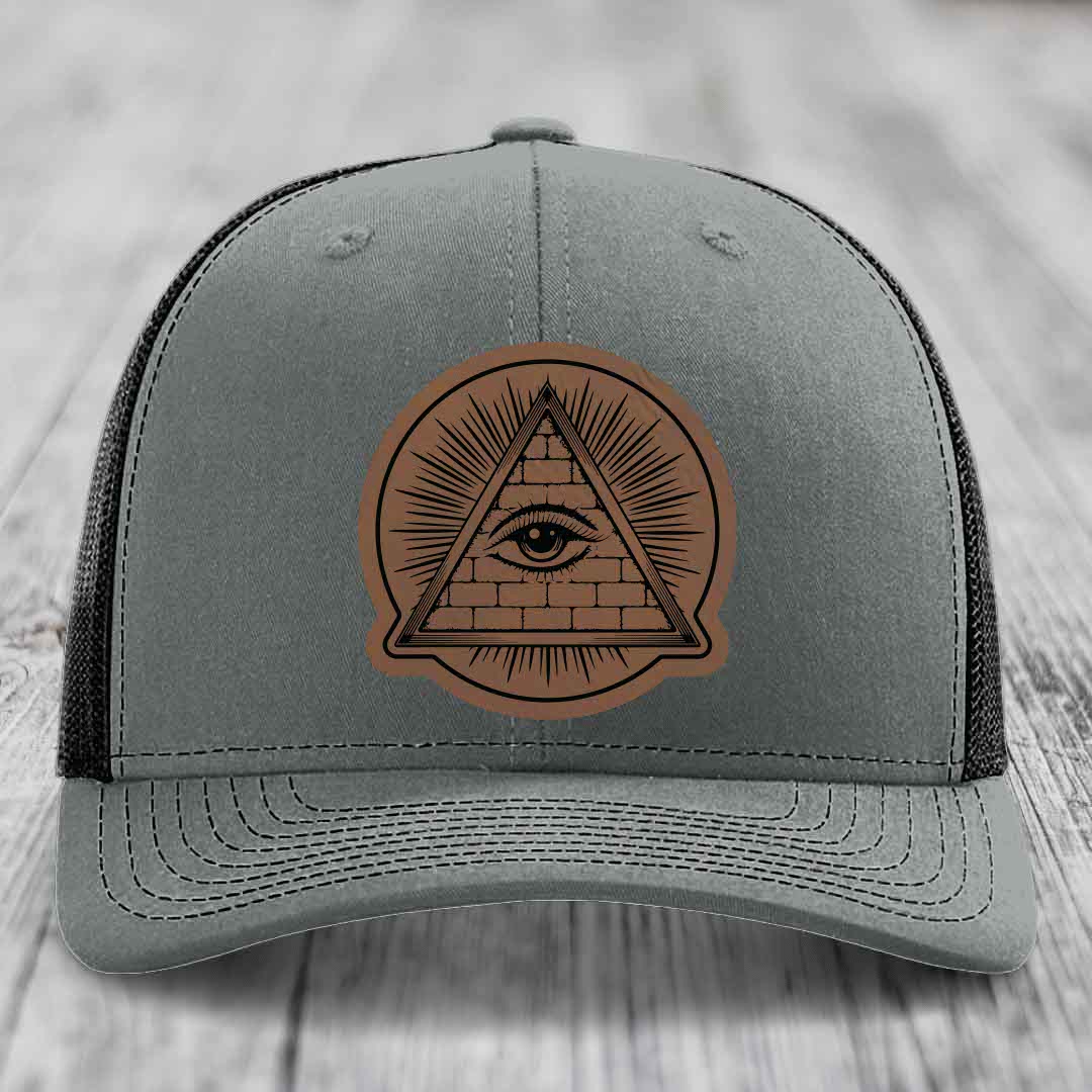 Eye of the Illuminati - Leather Patch Hat - Dark Brown to Black Patch - Richardson 112 Snapback Trucker Hat