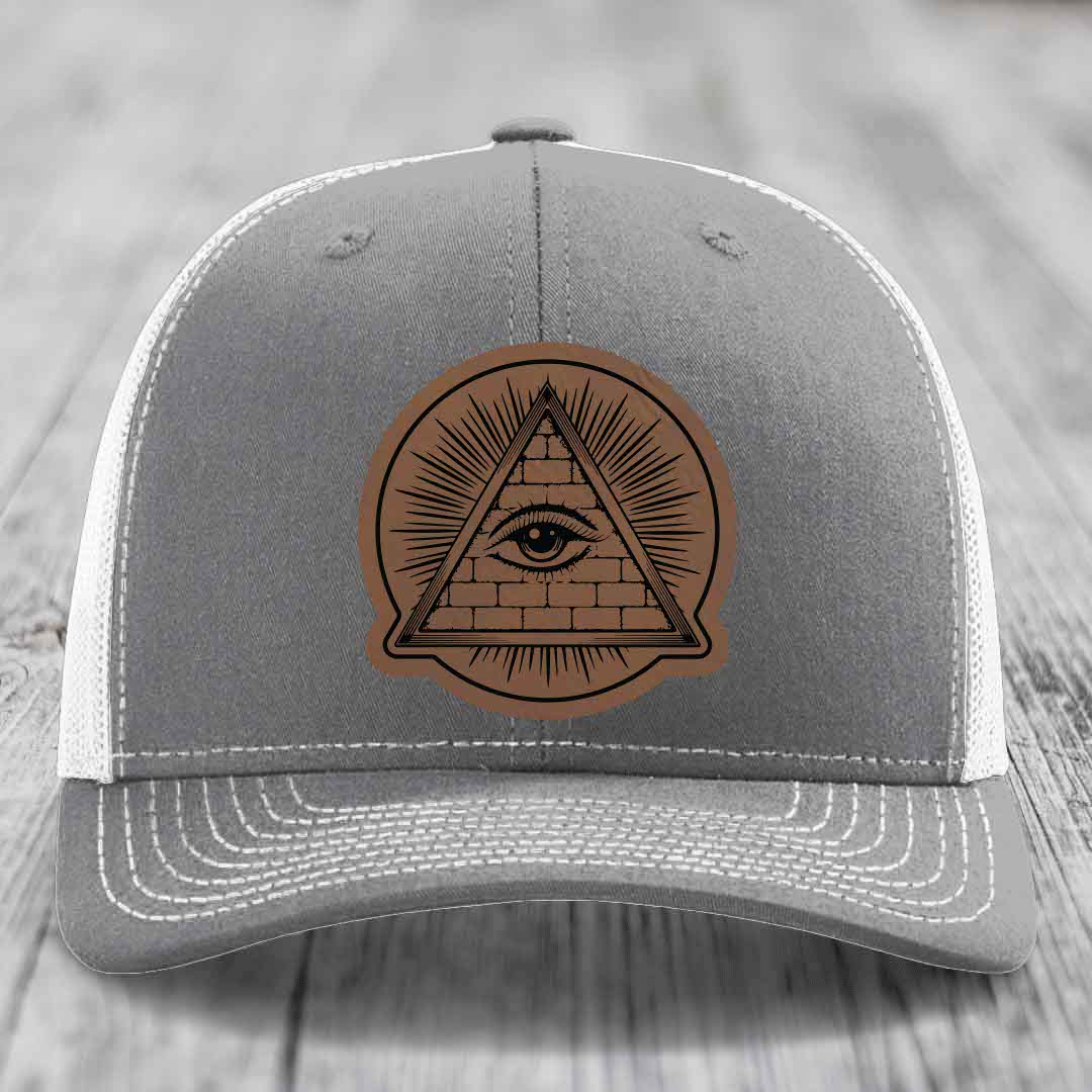 Eye of the Illuminati - Leather Patch Hat - Dark Brown to Black Patch - Richardson 112 Snapback Trucker Hat