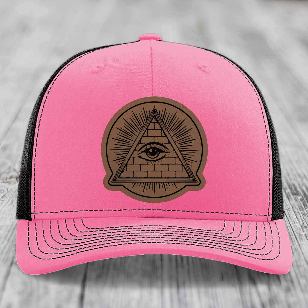 Eye of the Illuminati - Leather Patch Hat - Dark Brown to Black Patch - Richardson 112 Snapback Trucker Hat