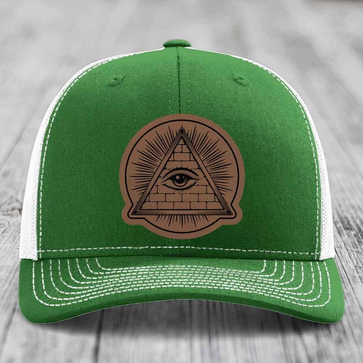Eye of the Illuminati - Leather Patch Hat - Dark Brown to Black Patch - Richardson 112 Snapback Trucker Hat