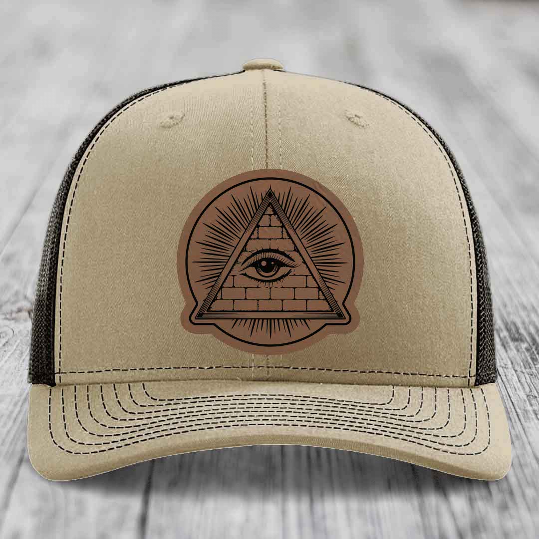 Eye of the Illuminati - Leather Patch Hat - Dark Brown to Black Patch - Richardson 112 Snapback Trucker Hat