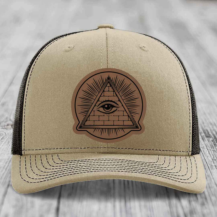Eye of the Illuminati - Leather Patch Hat - Dark Brown to Black Patch - Richardson 112 Snapback Trucker Hat
