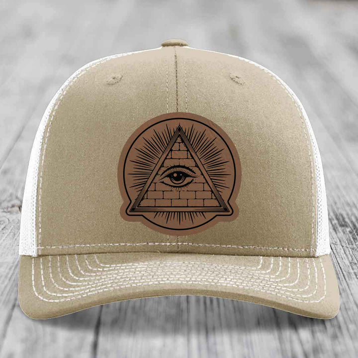 Eye of the Illuminati - Leather Patch Hat - Dark Brown to Black Patch - Richardson 112 Snapback Trucker Hat