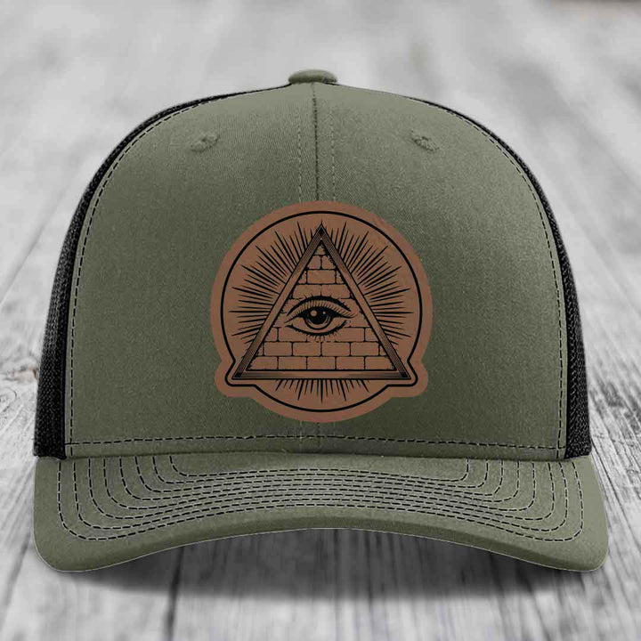 Eye of the Illuminati - Leather Patch Hat - Dark Brown to Black Patch - Richardson 112 Snapback Trucker Hat