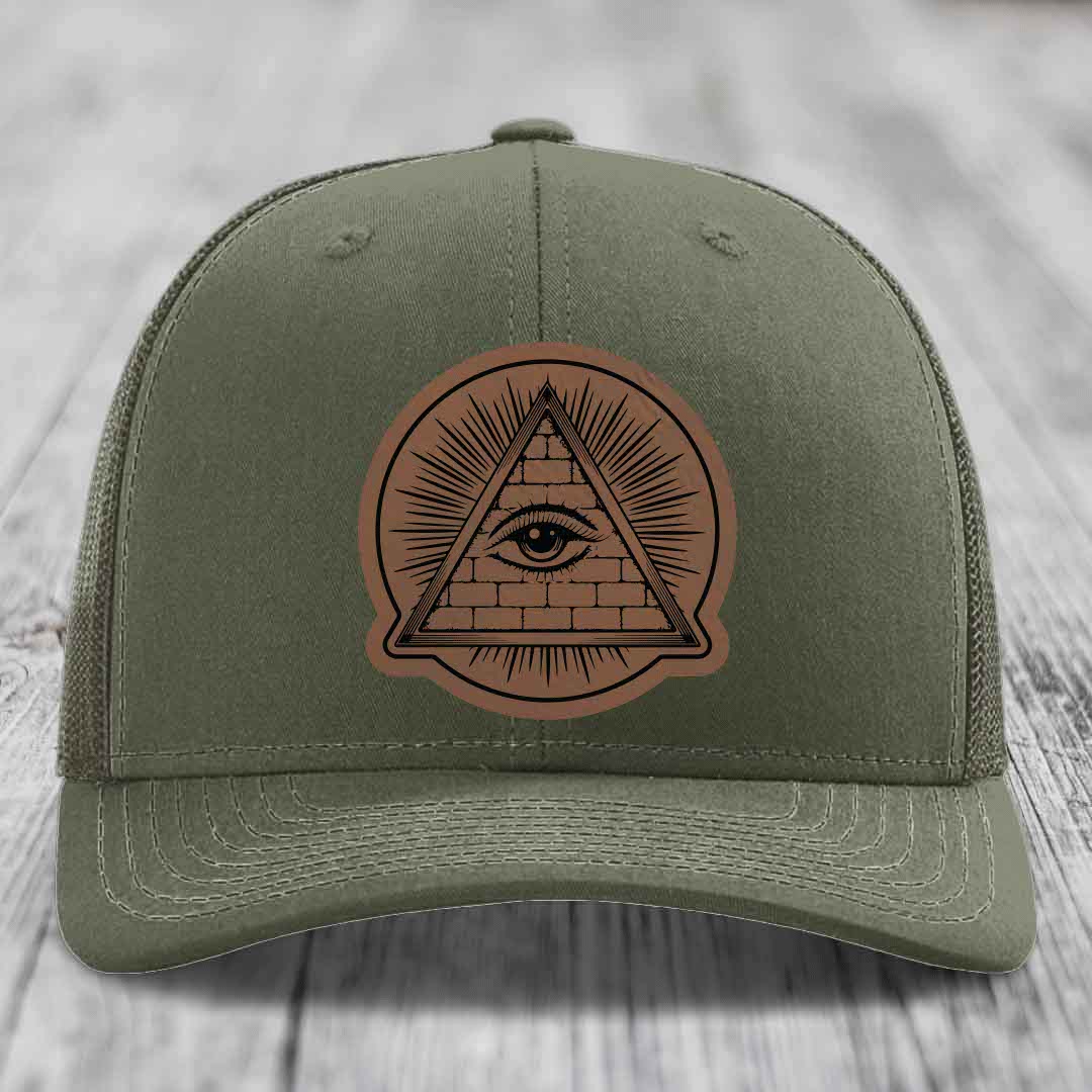 Eye of the Illuminati - Leather Patch Hat - Dark Brown to Black Patch - Richardson 112 Snapback Trucker Hat