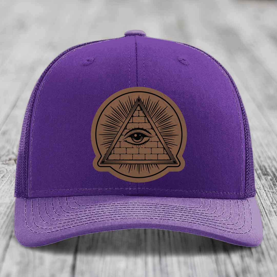 Eye of the Illuminati - Leather Patch Hat - Dark Brown to Black Patch - Richardson 112 Snapback Trucker Hat