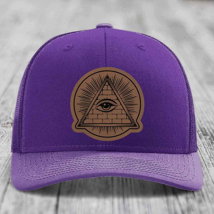 Eye of the Illuminati - Leather Patch Hat - Dark Brown to Black Patch - Richardson 112 Snapback Trucker Hat
