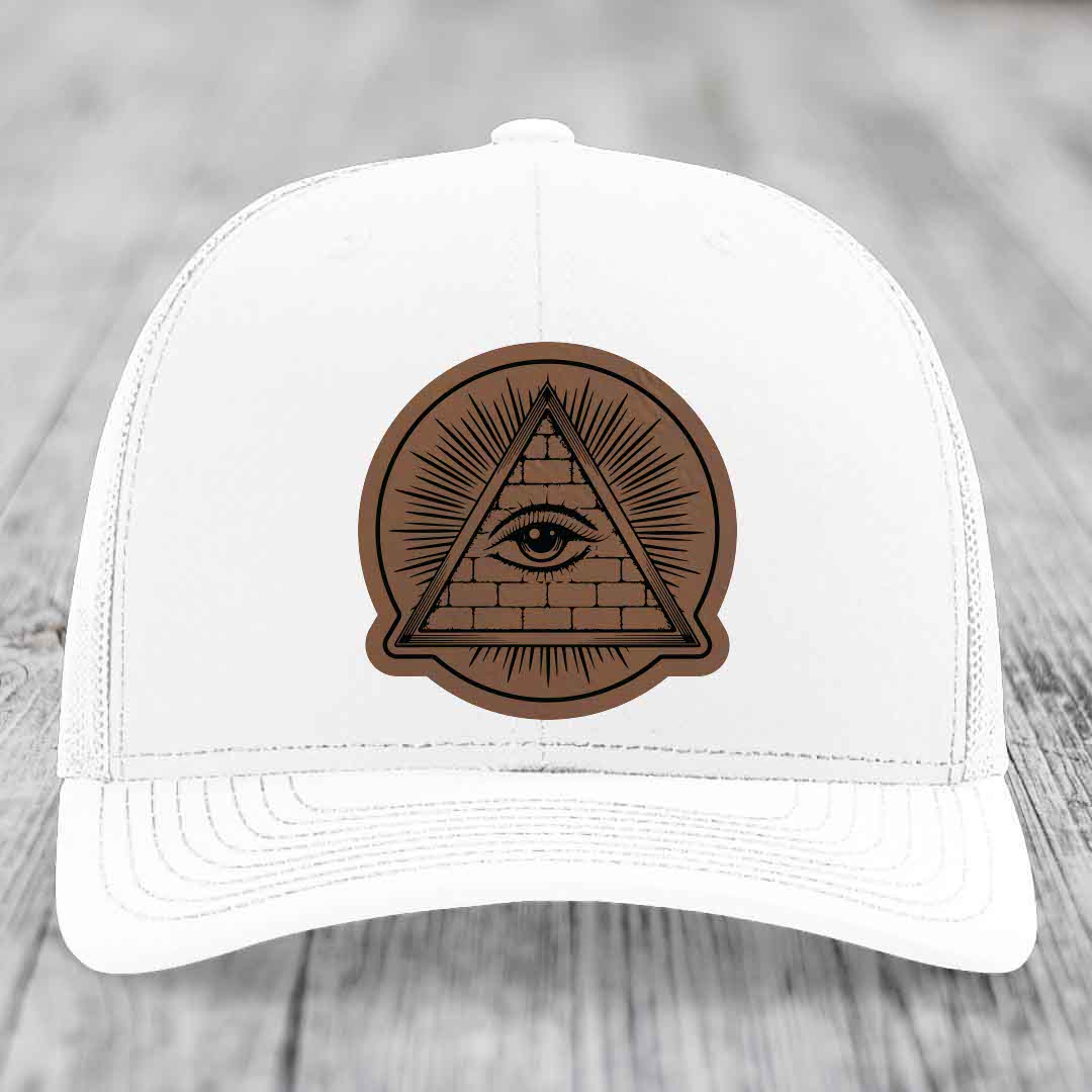 Eye of the Illuminati - Leather Patch Hat - Dark Brown to Black Patch - Richardson 112 Snapback Trucker Hat