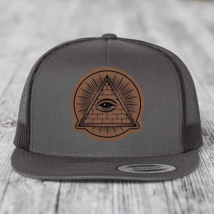 Eye of the Illuminati - Leather Patch Hat - Dark Brown to Black Patch - Yupoong 6006 Snapback Flatbill Hat