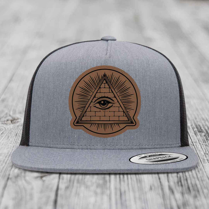 Eye of the Illuminati - Leather Patch Hat - Dark Brown to Black Patch - Yupoong 6006 Snapback Flatbill Hat