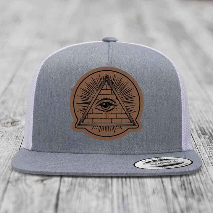 Eye of the Illuminati - Leather Patch Hat - Dark Brown to Black Patch - Yupoong 6006 Snapback Flatbill Hat