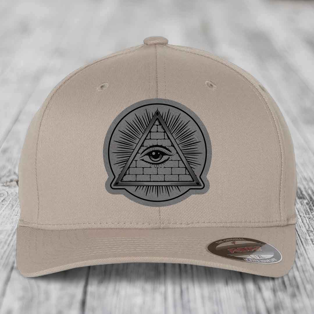 Eye of the Illuminati - Leather Patch Hat - Grey to Black Patch - Flexfit 6277 Fitted Hat