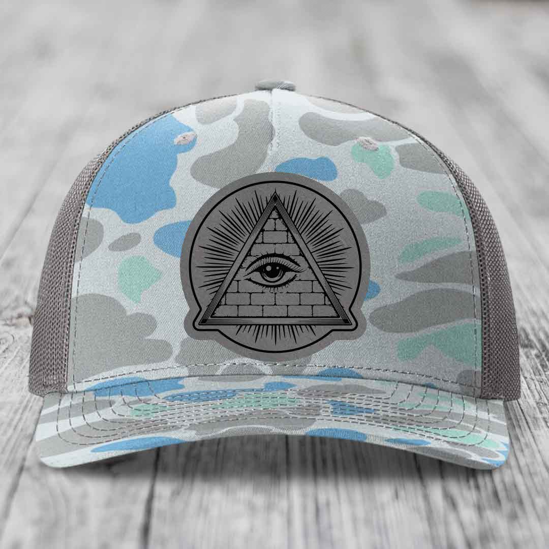 Eye of the Illuminati - Leather Patch Hat - Grey to Black Patch - Richardson 112PFP Snapback Trucker Hat