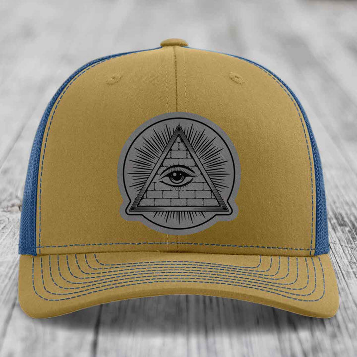 Eye of the Illuminati - Leather Patch Hat - Grey to Black Patch - Richardson 112 Snapback Trucker Hat