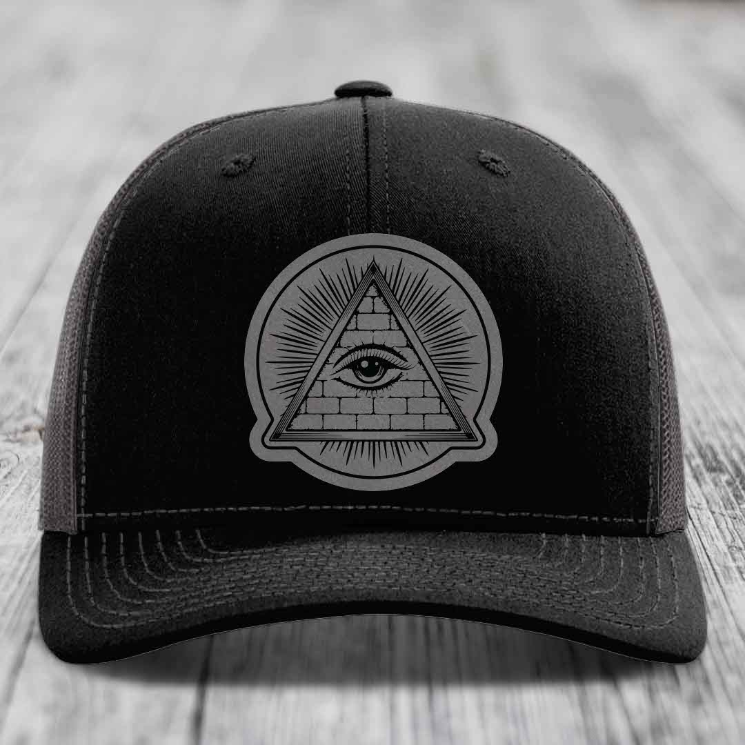 Eye of the Illuminati - Leather Patch Hat - Grey to Black Patch - Richardson 112 Snapback Trucker Hat