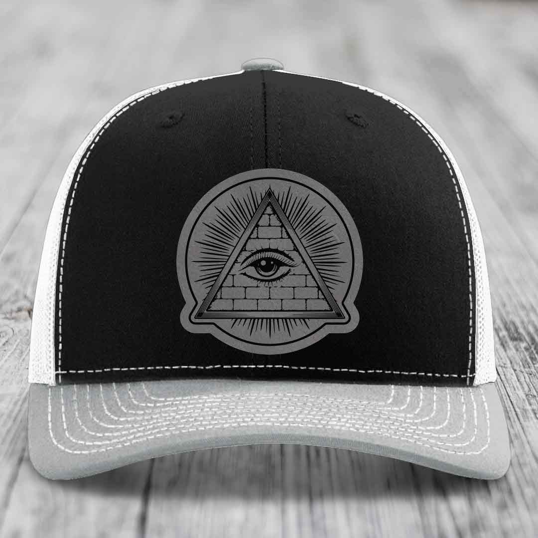 Eye of the Illuminati - Leather Patch Hat - Grey to Black Patch - Richardson 112 Snapback Trucker Hat