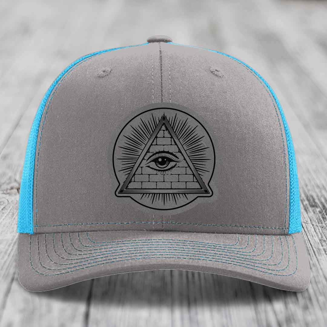 Eye of the Illuminati - Leather Patch Hat - Grey to Black Patch - Richardson 112 Snapback Trucker Hat