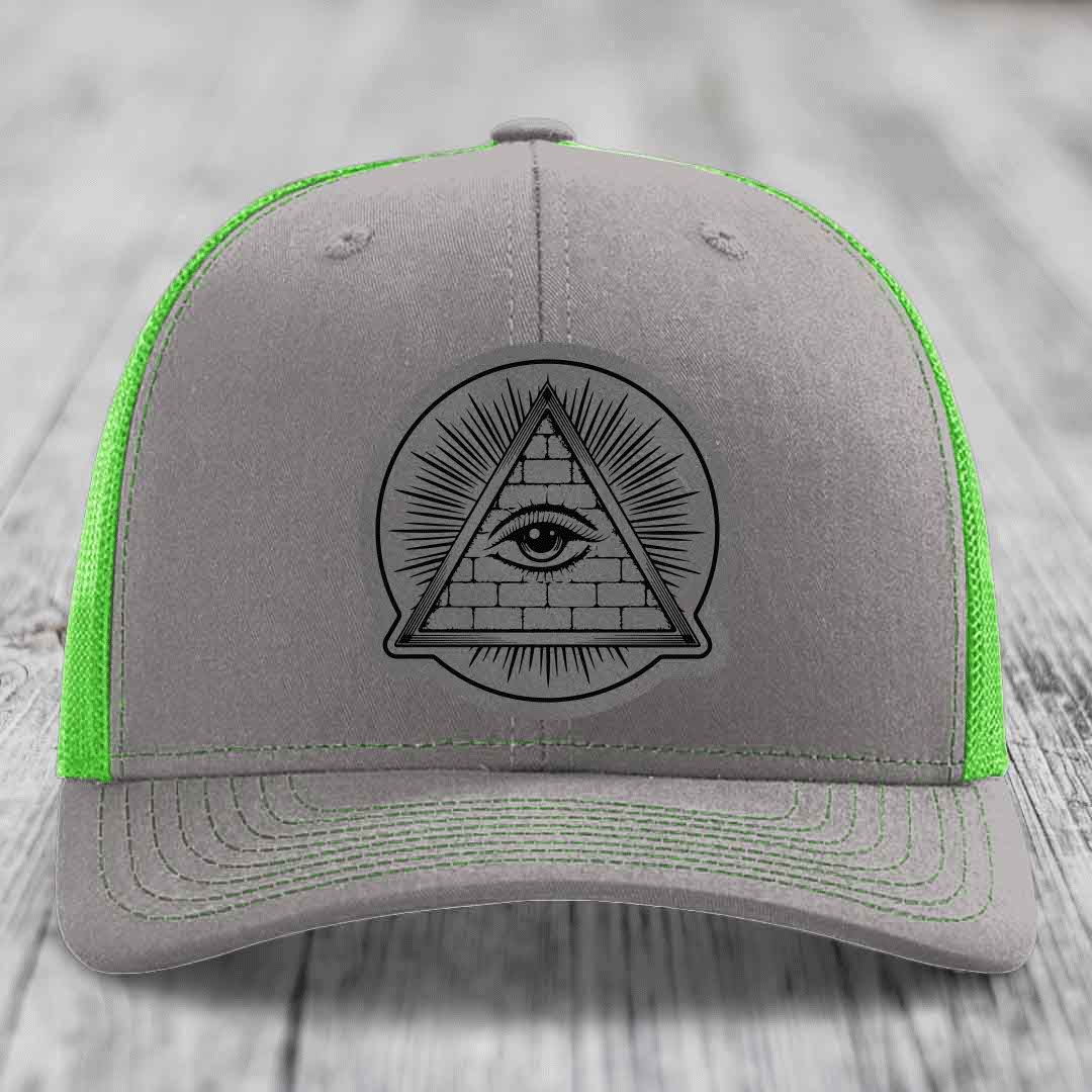 Eye of the Illuminati - Leather Patch Hat - Grey to Black Patch - Richardson 112 Snapback Trucker Hat