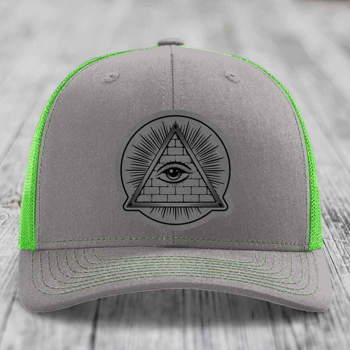 Eye of the Illuminati - Leather Patch Hat - Grey to Black Patch - Richardson 112 Snapback Trucker Hat