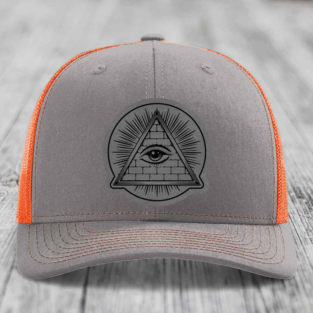 Eye of the Illuminati - Leather Patch Hat - Grey to Black Patch - Richardson 112 Snapback Trucker Hat